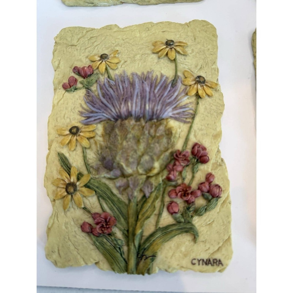 Set 4 Vintage Cherri Blum Wall Plaques Art 3D Floral Tiles Cynara Protea Ginger - Picture 12 of 13